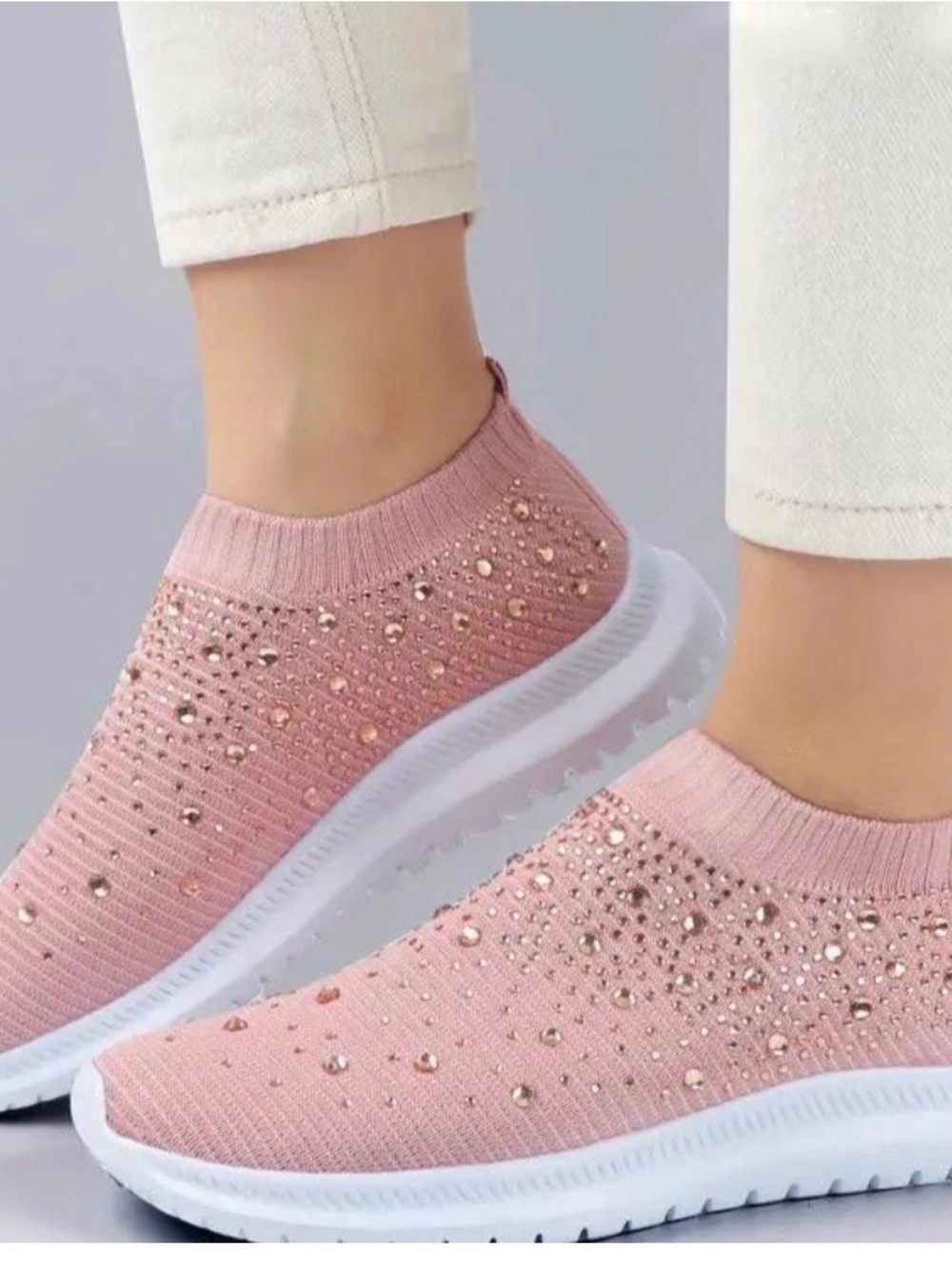 Knit Slip-On Sneakers with Rhinestone Accents - Pink